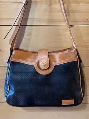 Vintage Bally black textured leather shoulder bag with brown leather